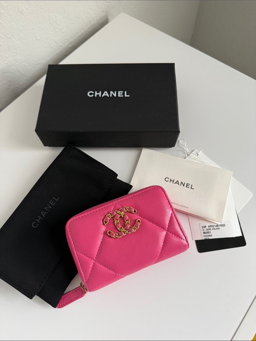 CHANEL 19 RARE Hot Pink Quilted Leather Zip Card Case with Gold CC
